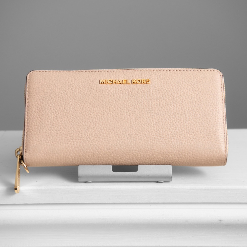 Michael Kors Jet Set Travel Continental Wallet Tan Pink Saffiano Leather Gold MK